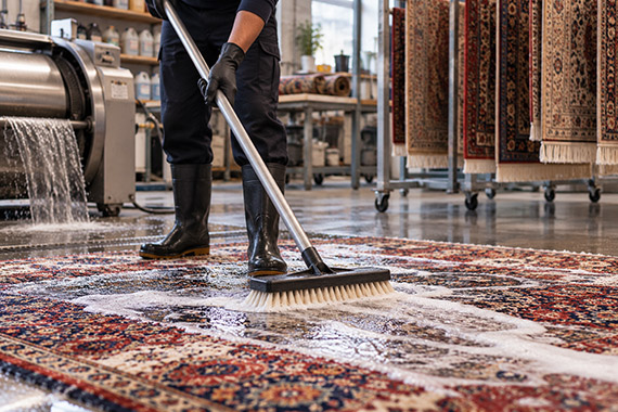 Nettoyage d'un tapis en atelier