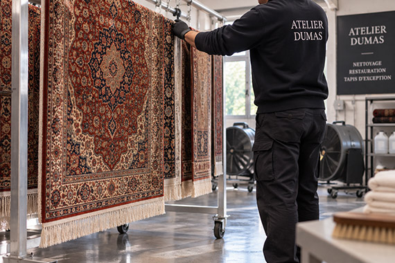 Sèchage d'un tapis en atelier
